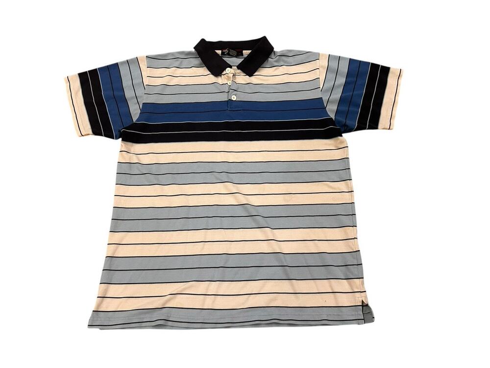 Vintage 90s Striped Polo Shirt Mens L Blue Cream Black Preppy Skater Large -